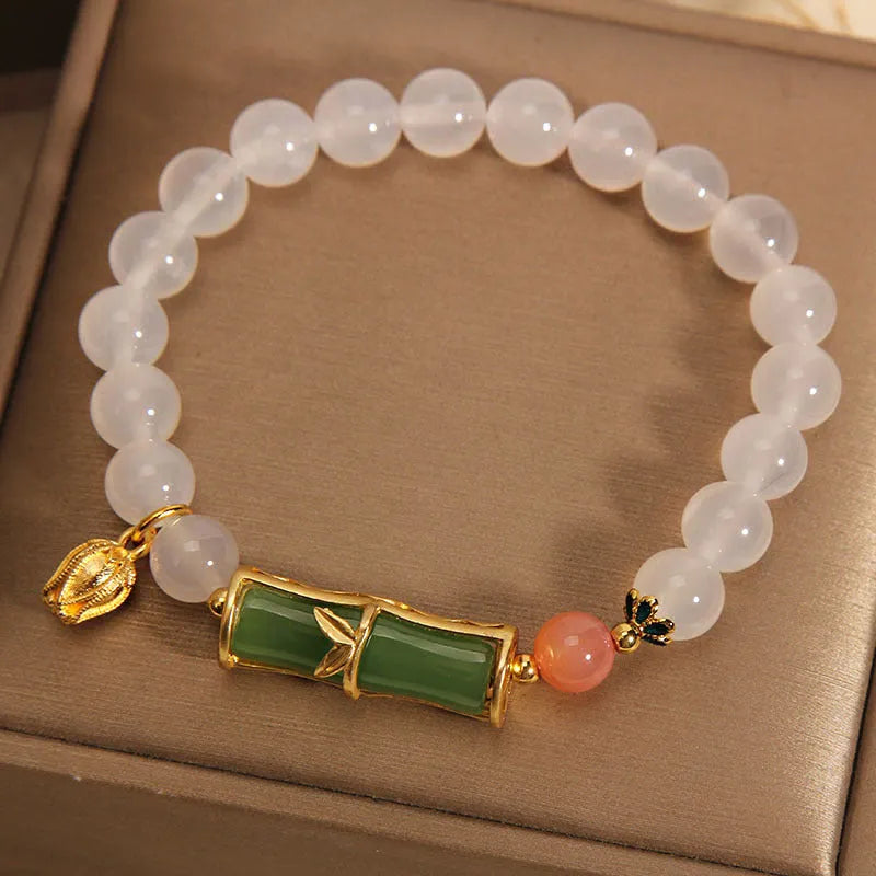 White agate and jade bamboo beaded bracelet in Chinese retro style for women