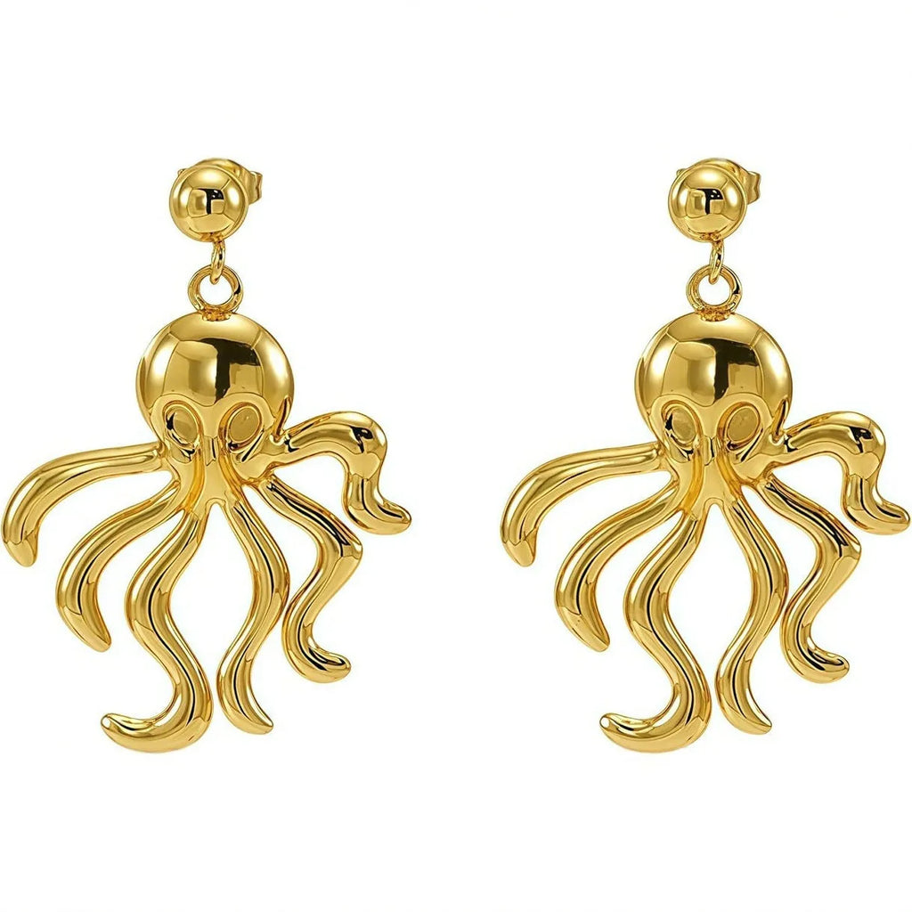 Gold stainless steel drop dangle octopus earrings with minimalist retro design