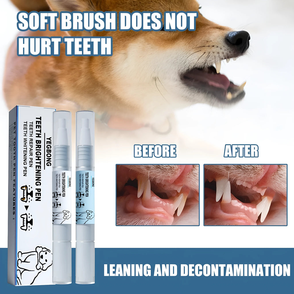 Pet teeth whitening pen with dual-ended design and dental brush applicators for dog and cat tartar removal