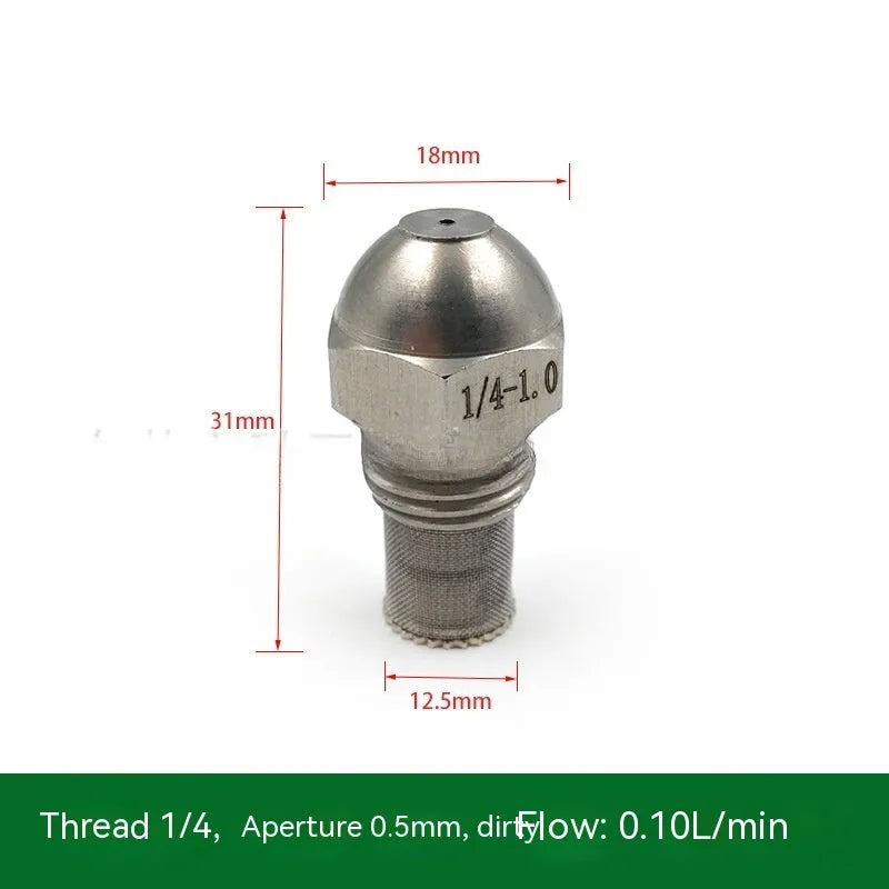 304 stainless steel two-point spray nozzle with 1/4 inch thread and selectable aperture sizes for atomisation.