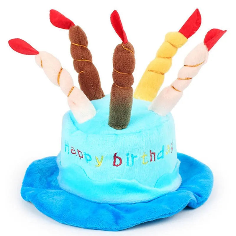 Small dog birthday hat in soft fabric with elastic band, blue and pink colour options
