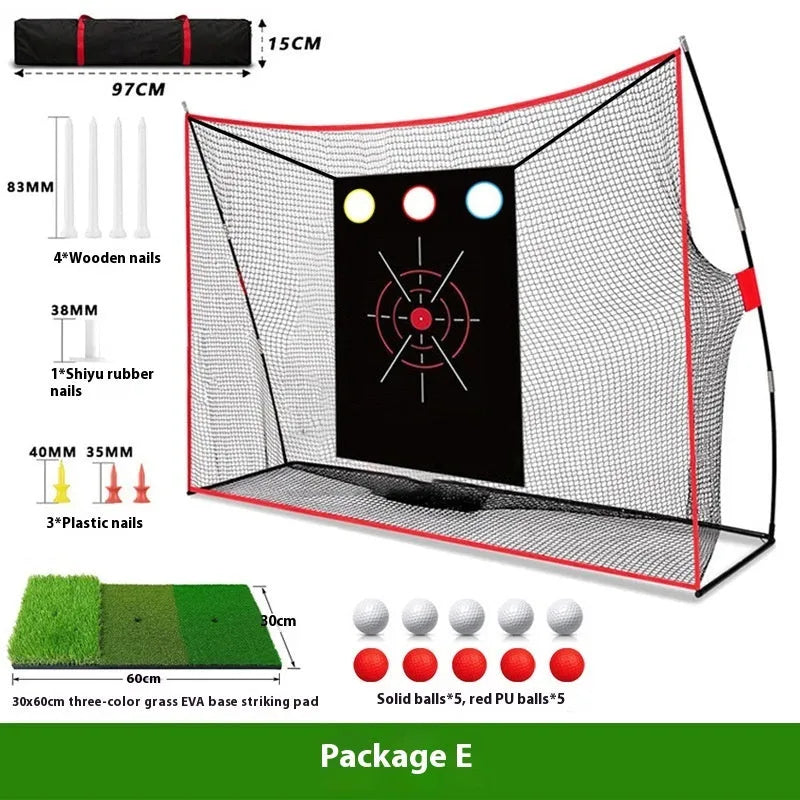 Golf swing wedge training net kit with 3-hole cross net and 30x60 cm straw mat