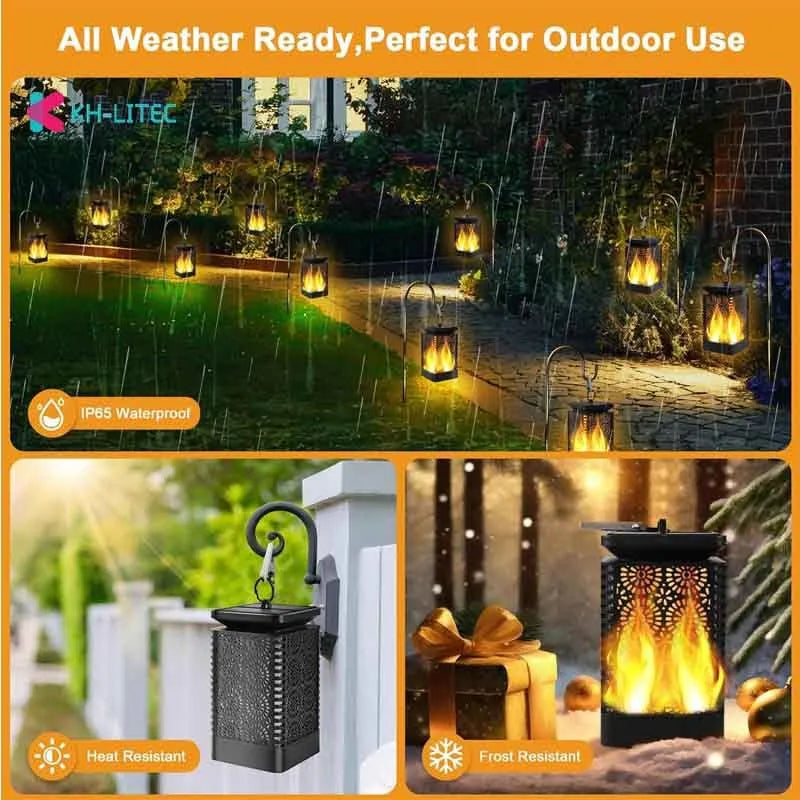 Set of four black solar-powered LED lanterns with flame flicker effect for outdoor garden use.