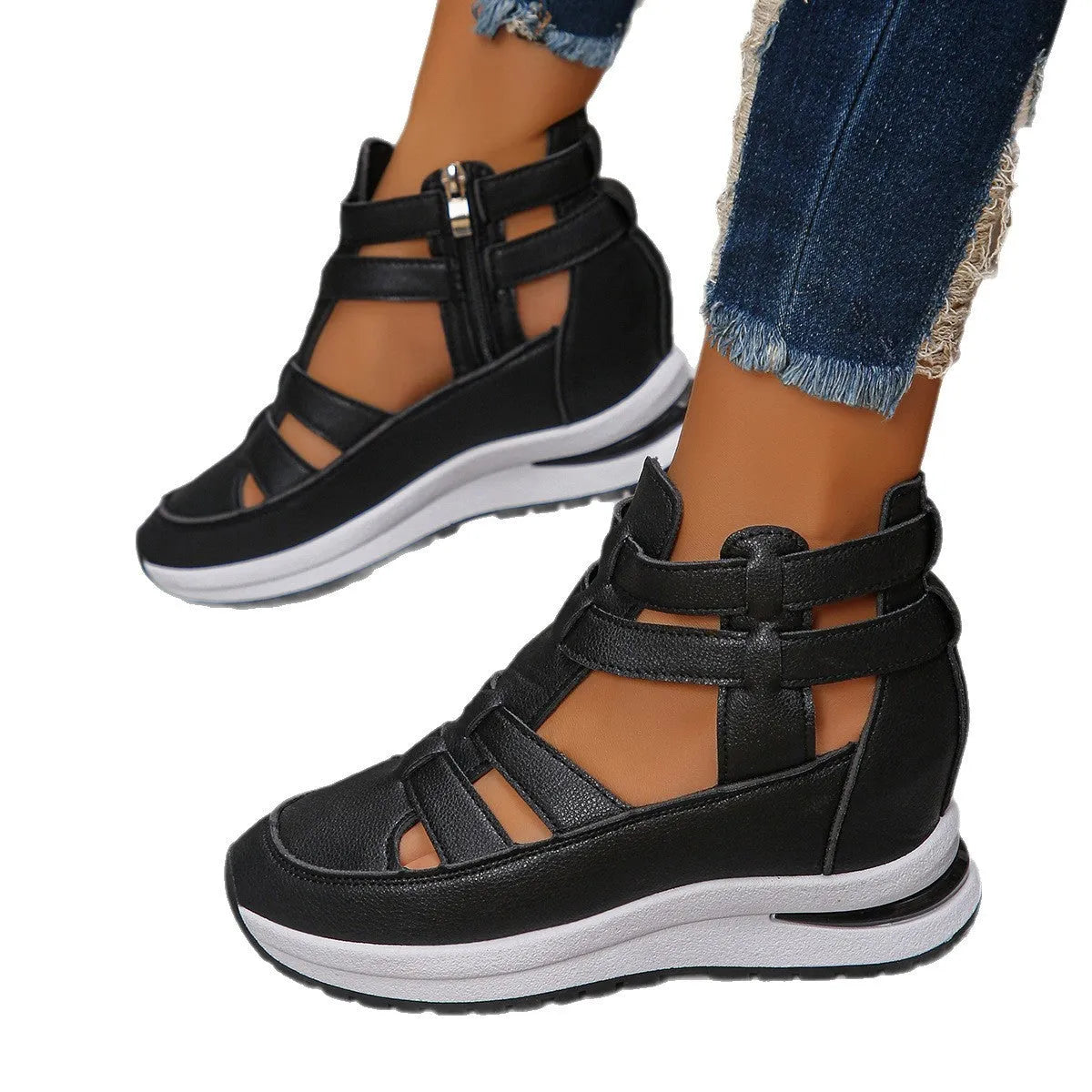 Women's black platform sandals with close-toe design and Velcro fastening