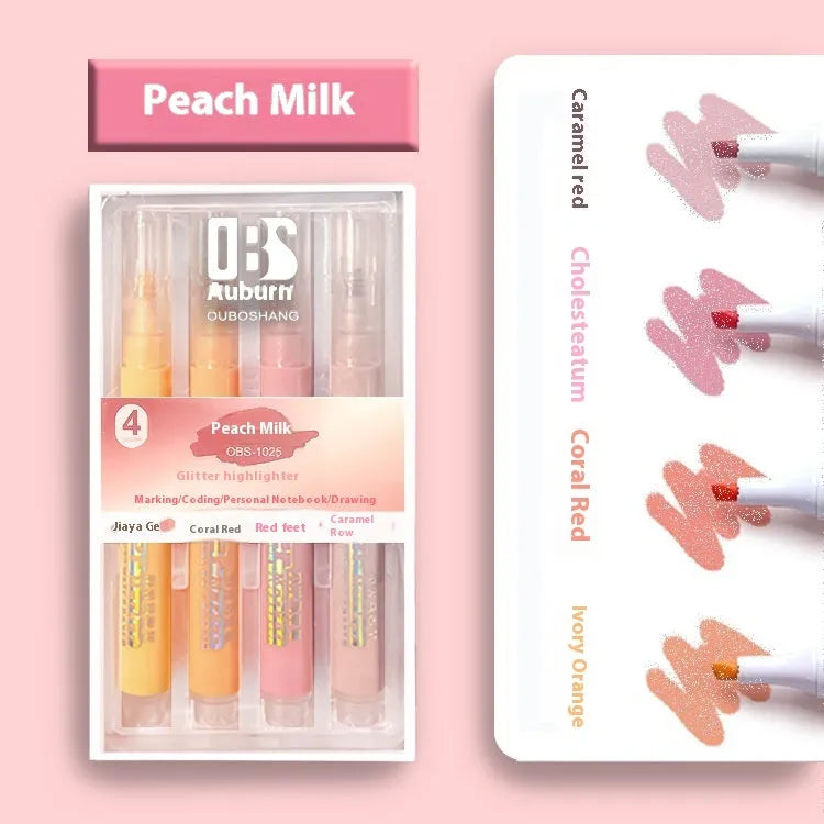 Four sparkling star river pastel highlighter pens with glitter ink and slanted tips on a white background
