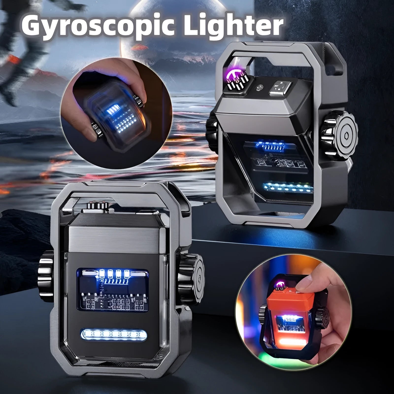 Blue Pulse X12 electric lighter with windproof double arc and a visible mechanical gyroscope, folded for storage.
