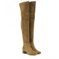 Grey women's flat over the knee suede boots with a pointed toe and low thick heel.