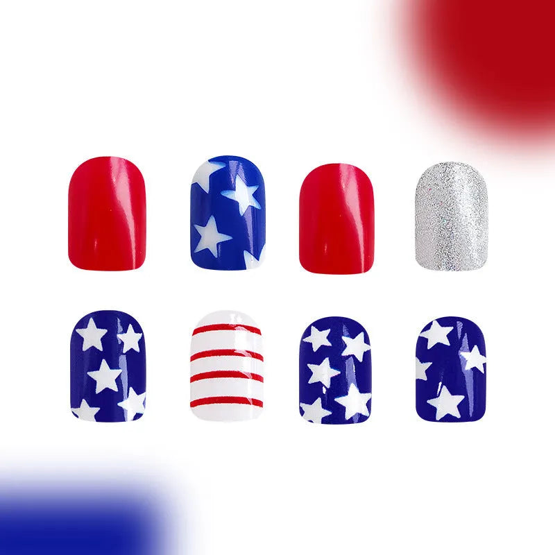 Finished glitter nail tips with red and blue multicolor combinations in European square short style