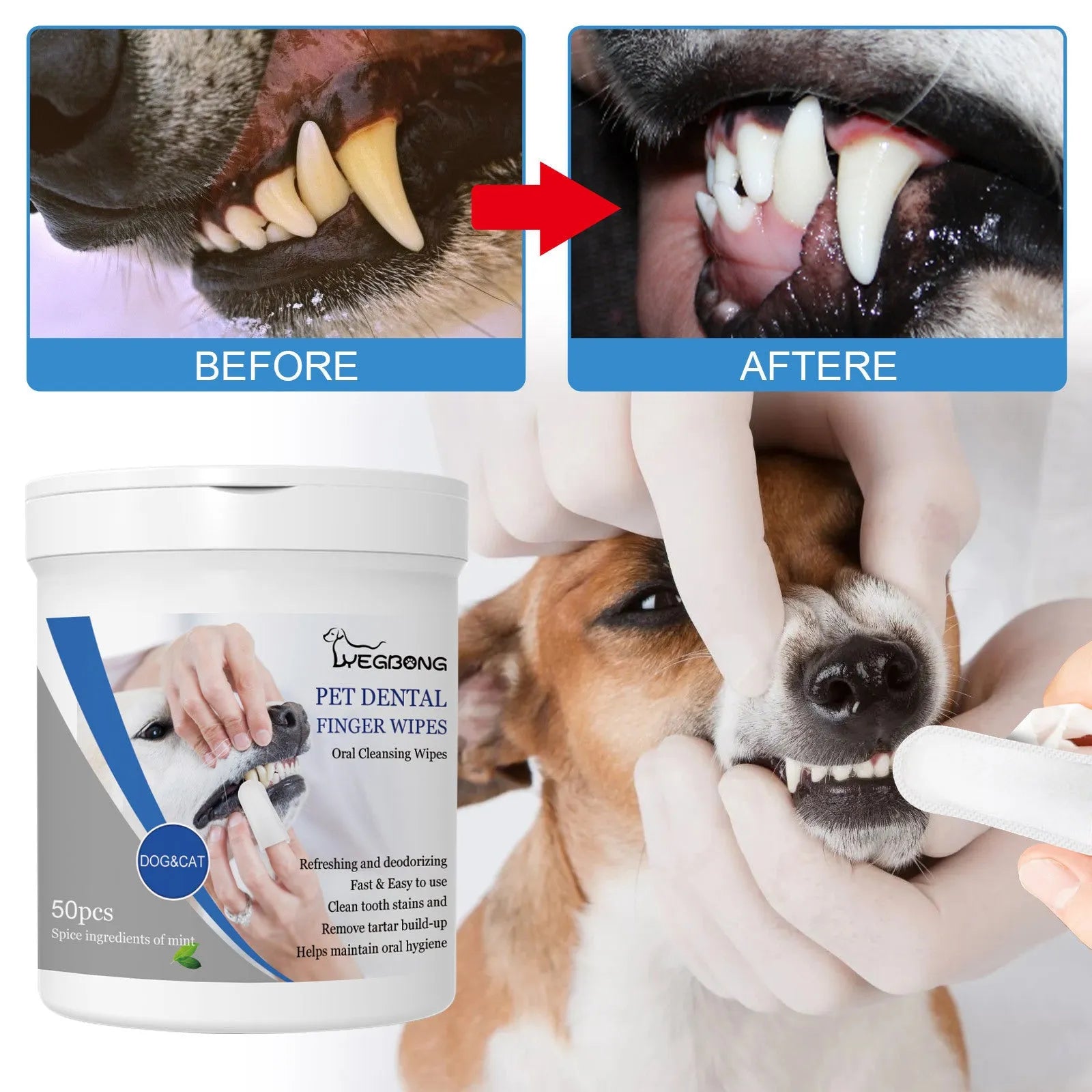 Can of dog teeth cleaning wipes with reusable silicone finger stall for dental care application