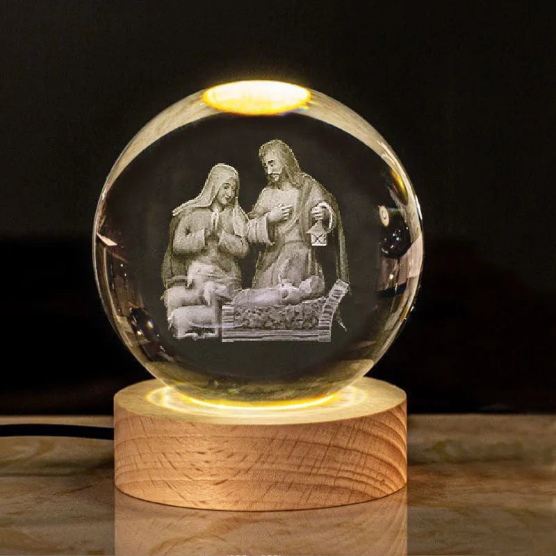 White crystal ball church desk ornament lamp with solid wood warm light base