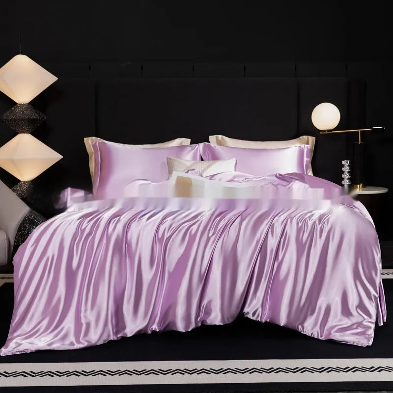 Silk bed sheet four-piece set in modern solid colours showing multiple size options for UK beds