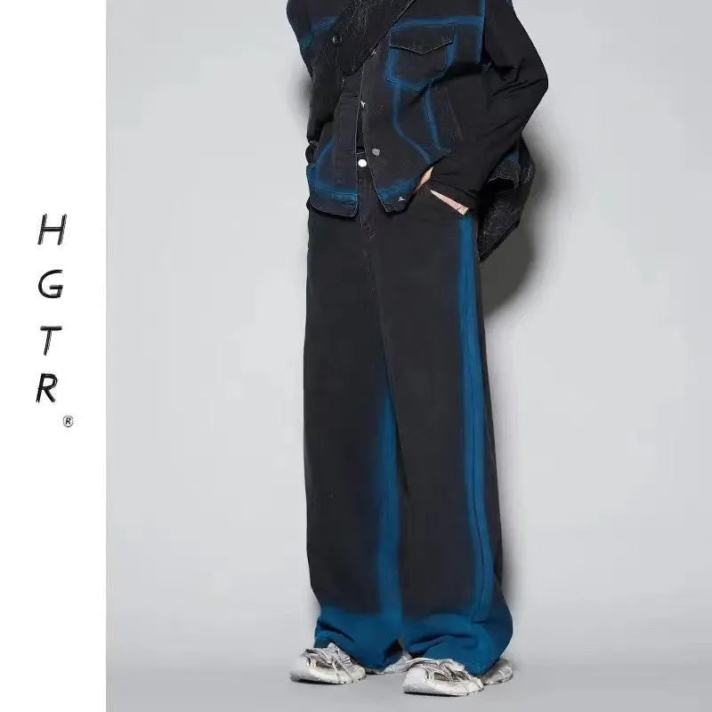 Fleece-lined spray colour gradient distressed vest and jeans two-piece set in blue or black colour options