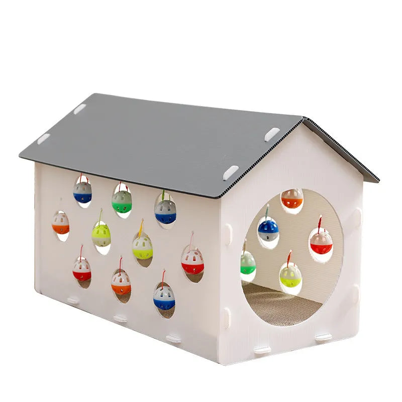 Integrated plastic cat scratch board with attached nest, tunnel, and a bell ball toy.
