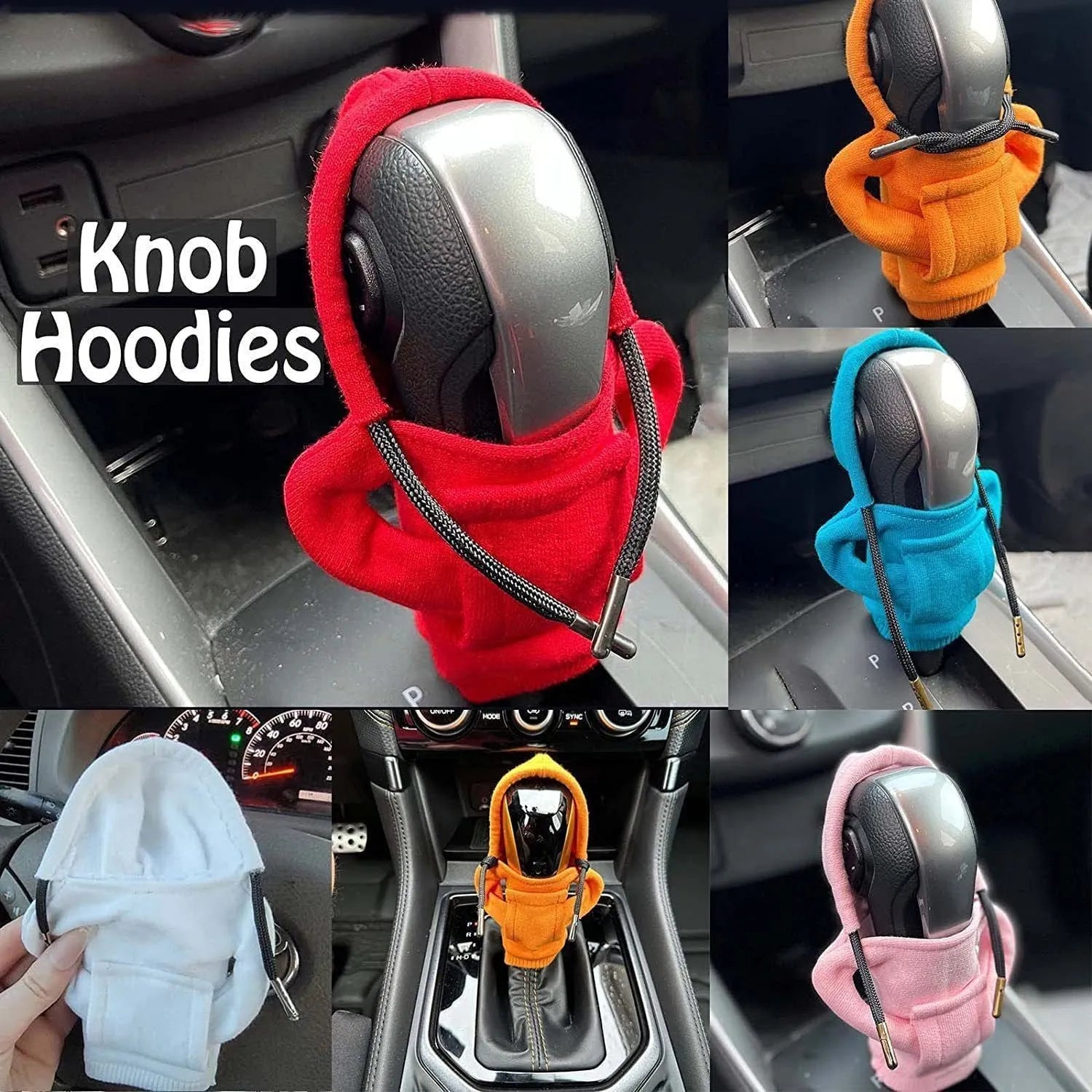 Cloth gear shift knob hoodie cover in assorted colours, shown next to a car gear stick.