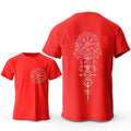 A man's grey T-shirt with a detailed Viking rune and compass graphic printed on the chest.