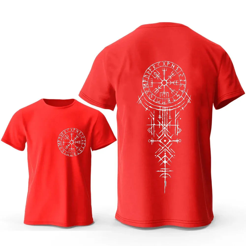 A man's grey T-shirt with a detailed Viking rune and compass graphic printed on the chest.