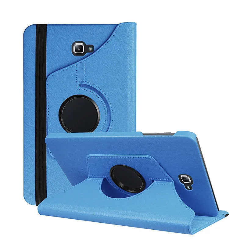 Rotating leather tablet case in clamshell design showing 360-degree mechanism and litchi grain texture