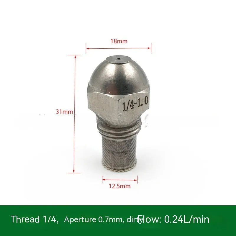 304 stainless steel two-point spray nozzle with 1/4 inch thread and selectable aperture sizes for atomisation.