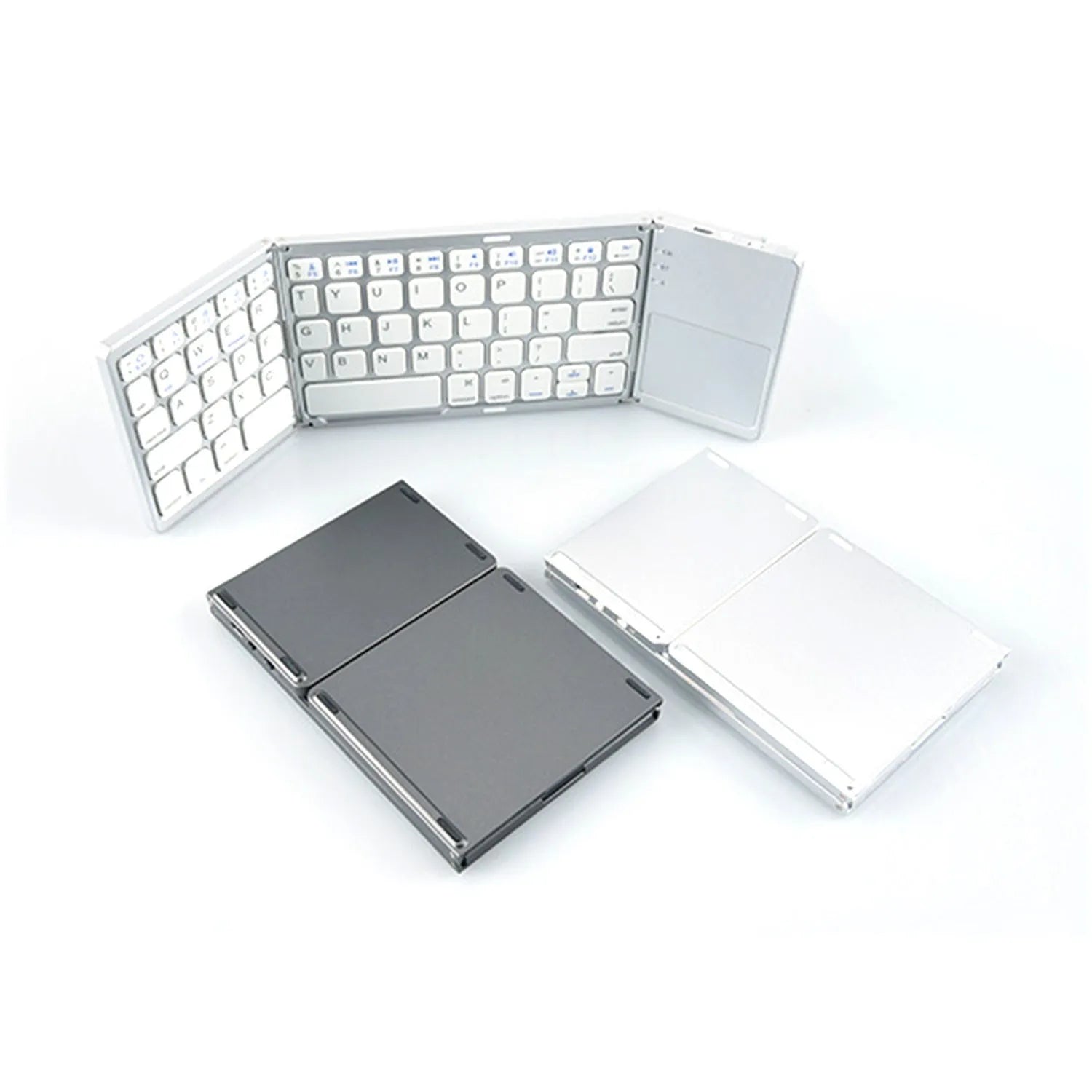 Black tri-fold Bluetooth keyboard shown folded to 30.2cm portable size next to smartphone
