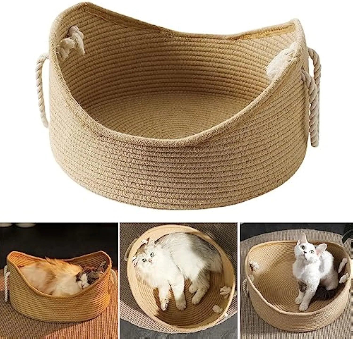Wicker cat bed basket with corrugated scratching board in two size options for cats