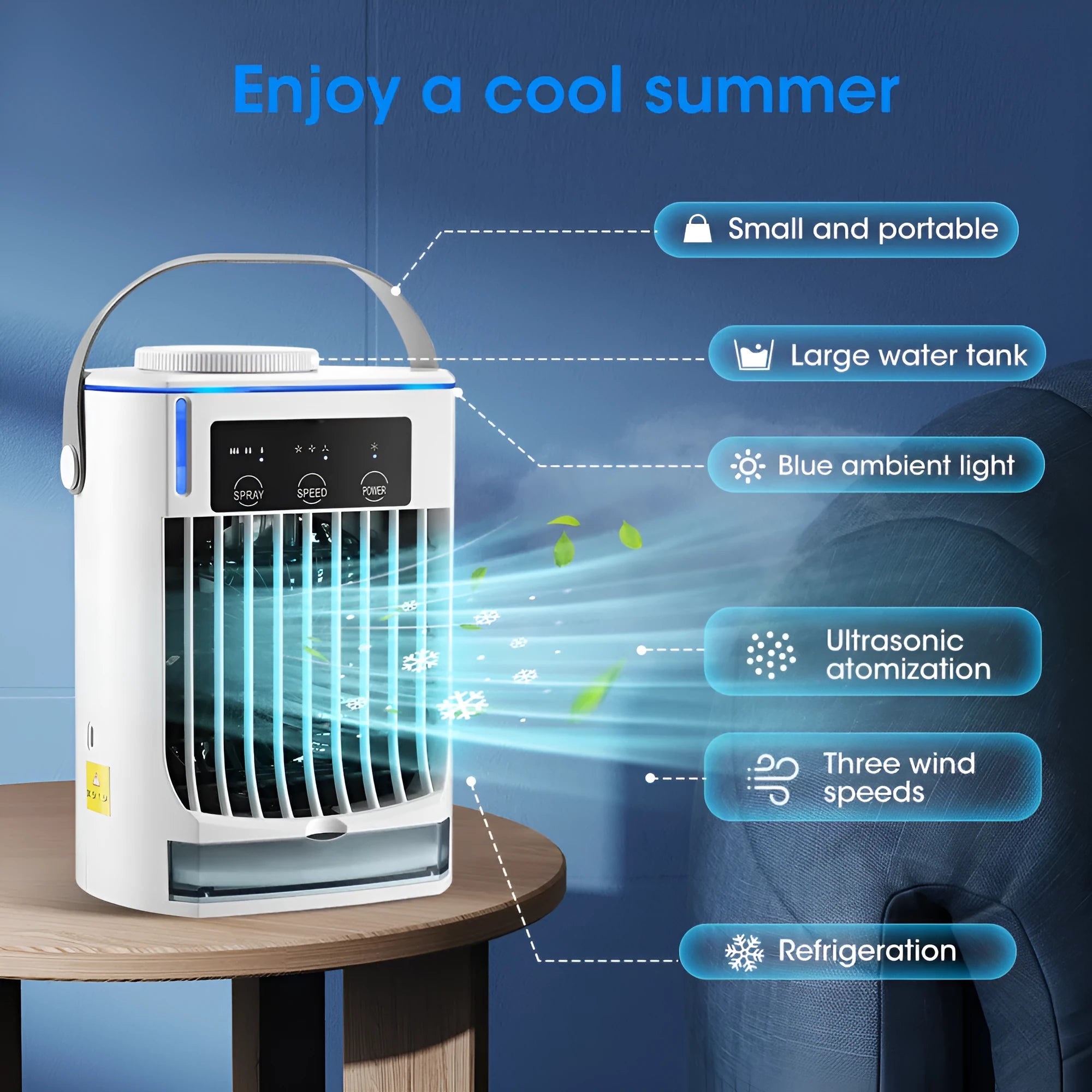 New mini air cooler with USB power, humidification spray fan, and three speed settings on a desk