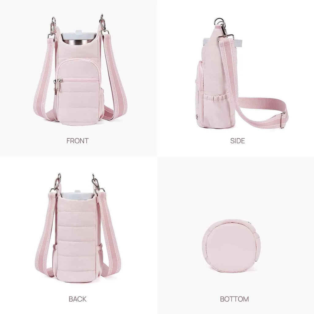 Cloth water bottle bag for bicycle mounting in black, pink, or beige colours