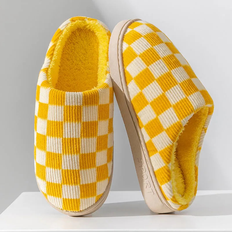 Gradient plush winter slippers for women with corduroy and arctic velvet upper, anti-skid PVC sole, round toe, flat heel, available in multiple colours