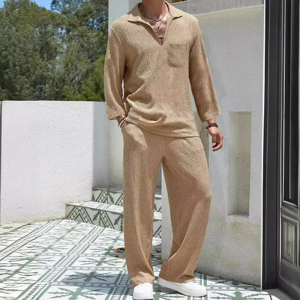Men's casual commuter suit with shirt-style jacket and matching trousers in polyester fabric