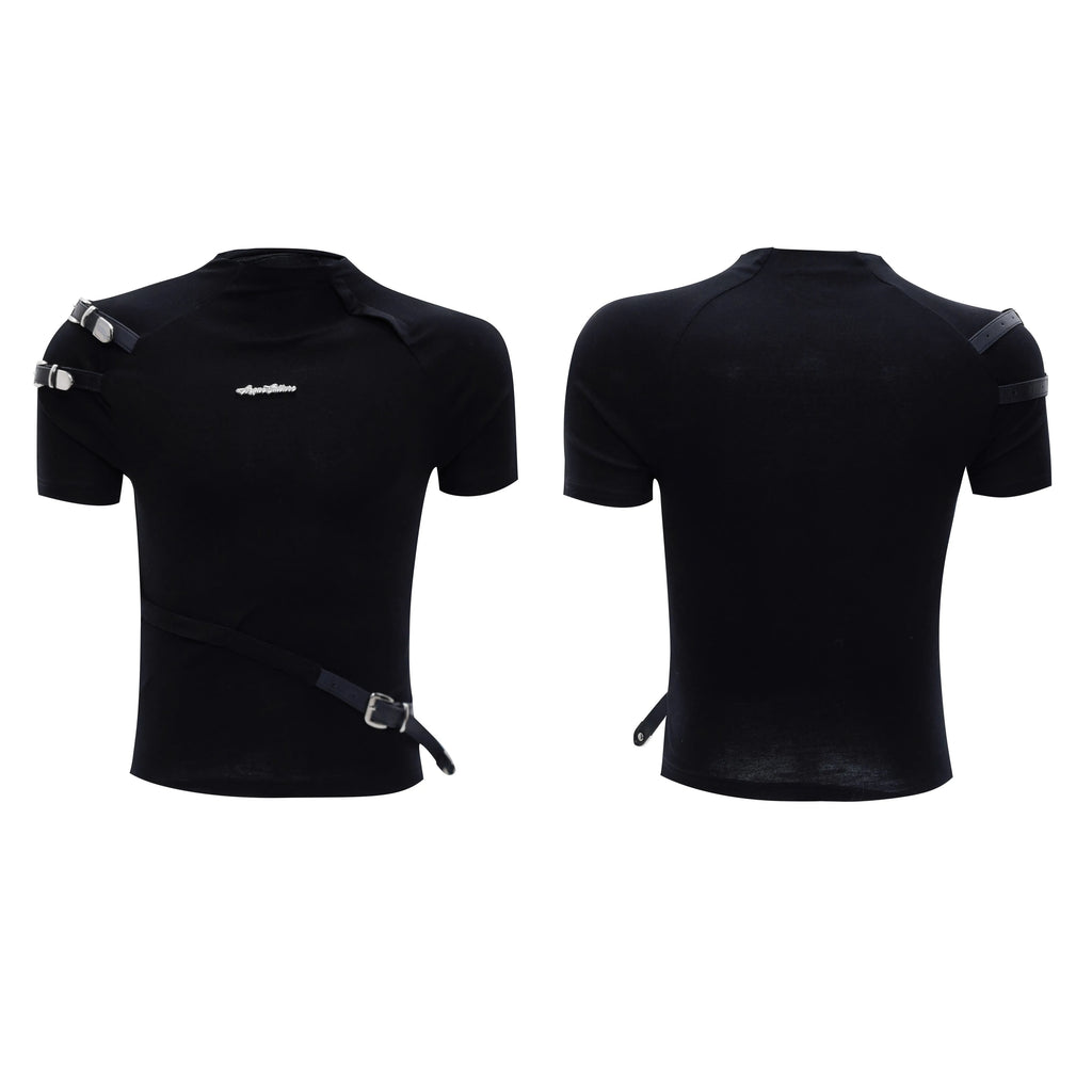 Men's slim fit cotton T-shirt with metal belt design and stand-up collar in black