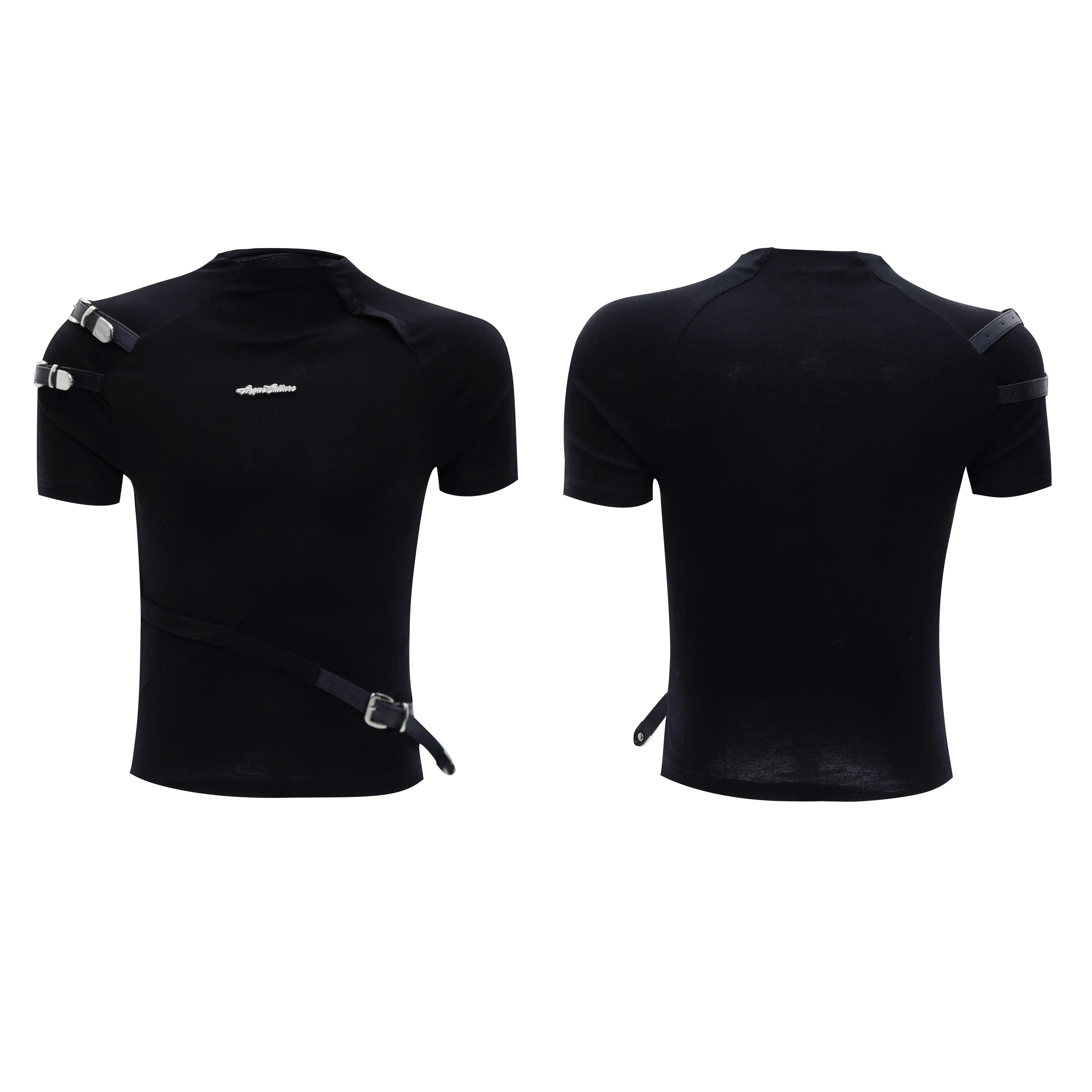 Men's slim fit cotton T-shirt with metal belt design and stand-up collar in black
