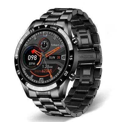 Smart watch with stainless steel band and 1.3-inch touchscreen display showing step count interface
