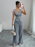 Women's black sleeveless vest and high waist trousers two-piece casual set
