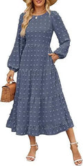Women's high waist long sleeve dress with ruffled sleeves in beige colour.