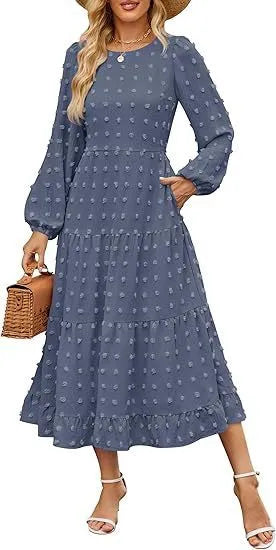 Women's high waist long sleeve dress with ruffled sleeves in beige colour.