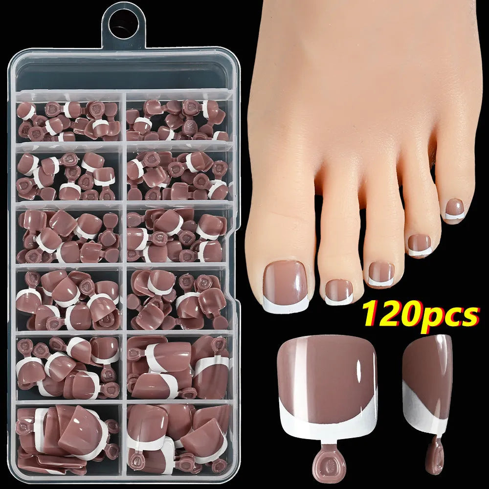 120 French white edge full square short nude nail pieces in a box, showing multiple shades.