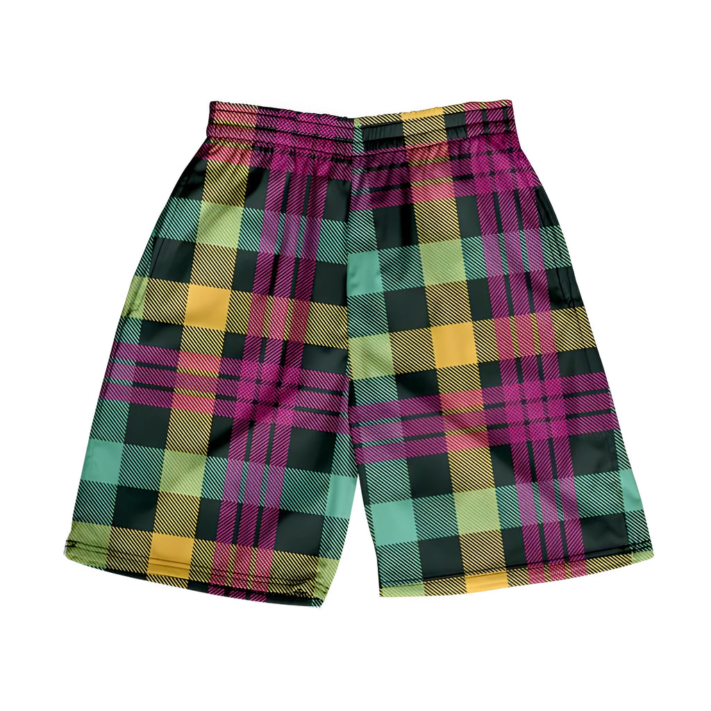 A pair of men's plaid pattern shorts with an elastic waistband, shown in a solid colour.