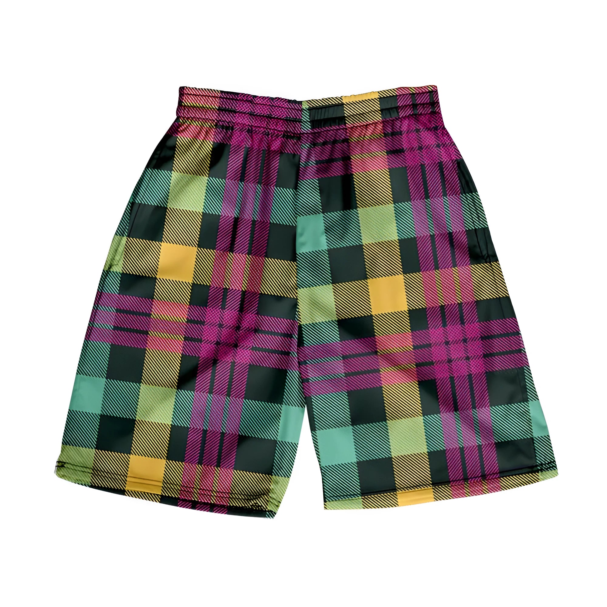 A pair of men's plaid pattern shorts with an elastic waistband, shown in a solid colour.