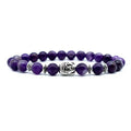 Buddha head bracelet with 19mm tiger eye stone and amethyst beads on wrist