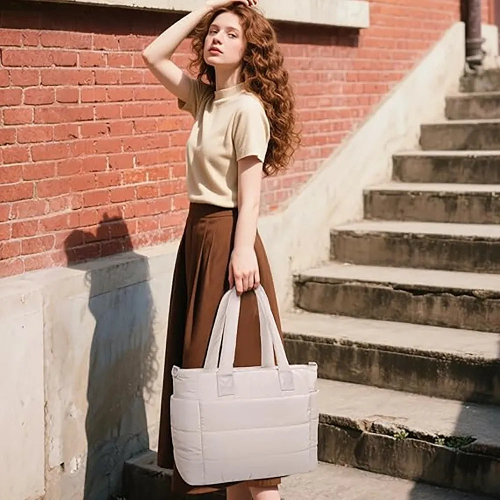 Nylon women's shoulder bag horizontal square laptop bag 40x16x30cm in beige with contrast colour fresh sweet style