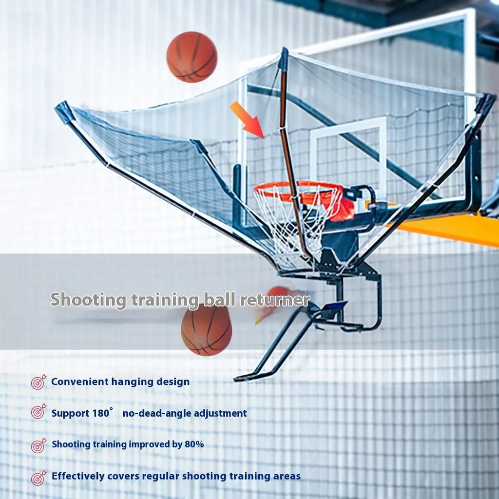 Continuous pitching automatic basketball shooting trainer with ball return function hanging from ceiling