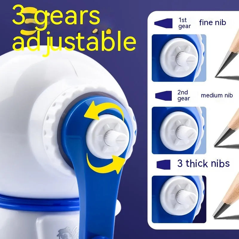 Cartoon astronaut pencil sharpener in blue or pink colours with manual operation