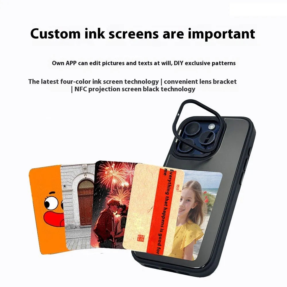 Graphite black iPhone case with a four-colour E-ink display and a fold-out standing bracket.
