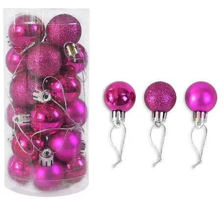 Assorted metallic gold, red, silver, and blue 3cm plastic Christmas bauble ornaments in a box.