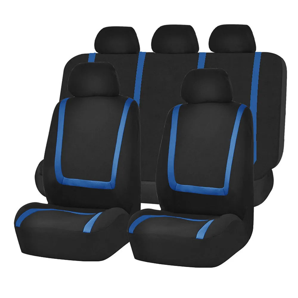 Universal four seasons car seat cover set in beige and black fabric installed on car seats.