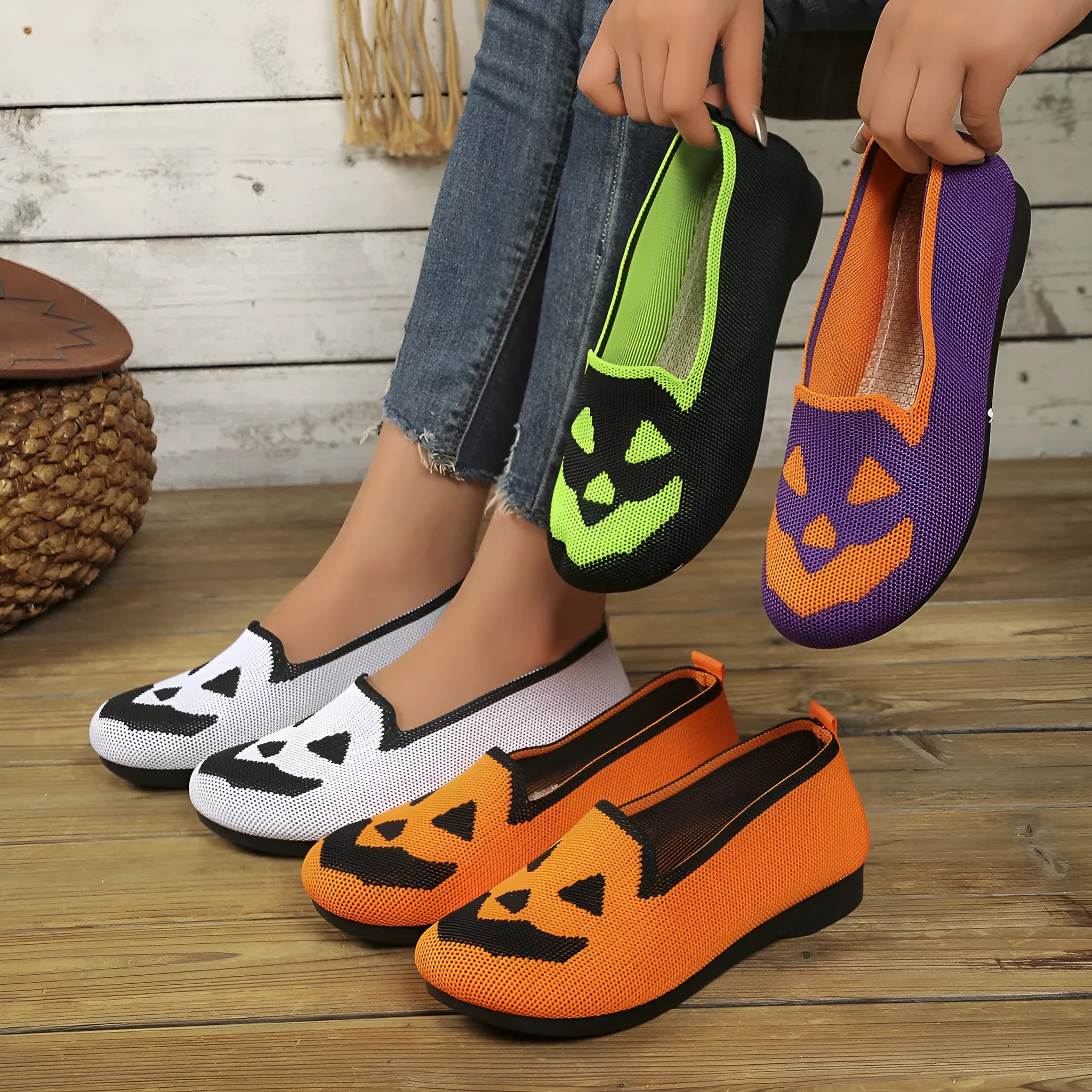 Women's Halloween pumpkin printed breathable mesh flying woven shoes with flat heel in black colour option