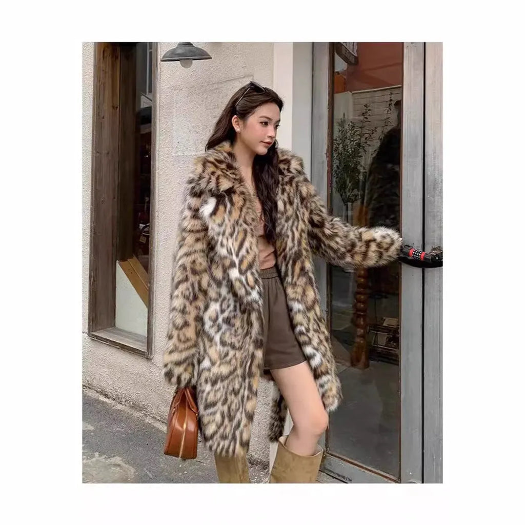 A long faux fur street fashion coat with a fur collar and pockets, shown in an urban setting.