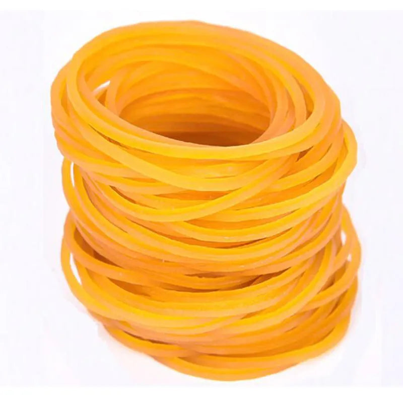 500g pack of yellow industrial rubber bands in multiple diameters from 16mm to 70mm for heavy duty bundling
