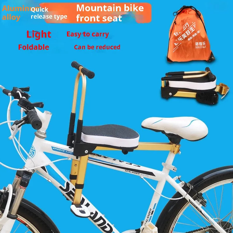 Aluminium alloy front-mounted folding child seat for shared bicycle in yellow with armrest