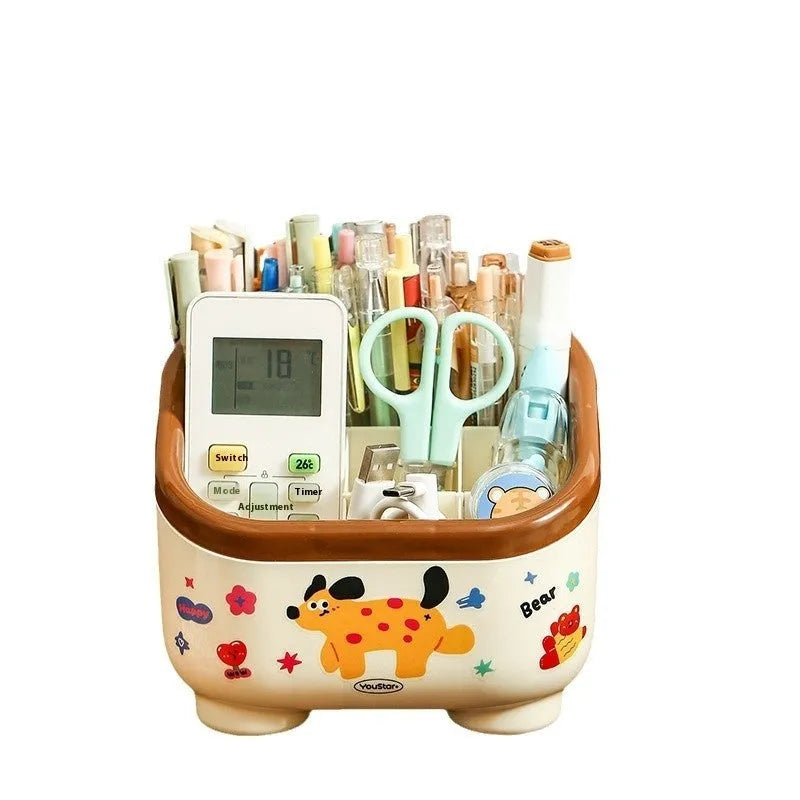 Red and brown cartoon sticker designs on a plastic desktop storage box with grid organiser compartments.