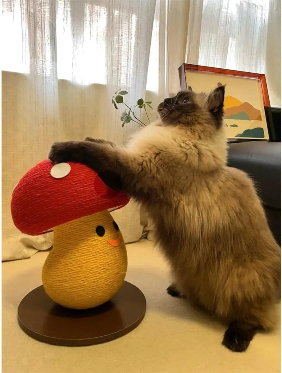 Foldable accordion-design cardboard cat scratcher in mushroom shape on a carpet